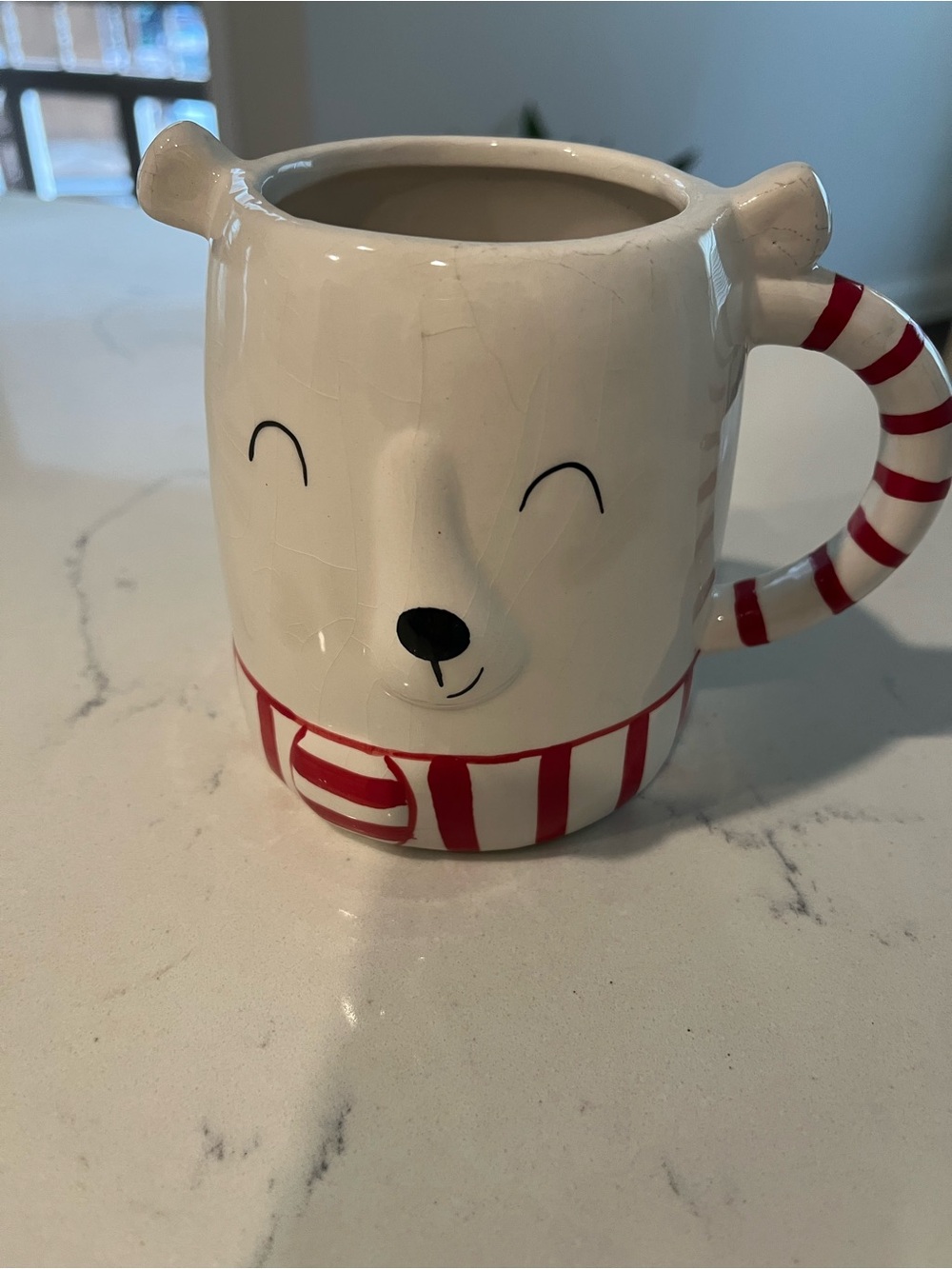 Festive White Bear Ceramic Mug with Red Striped Handle and Scarf Accent